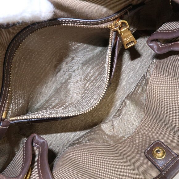 Authentic PRADA Logo Jacquard Leather 2Way Bag Hand Bag Beige - Picture 3 of 16